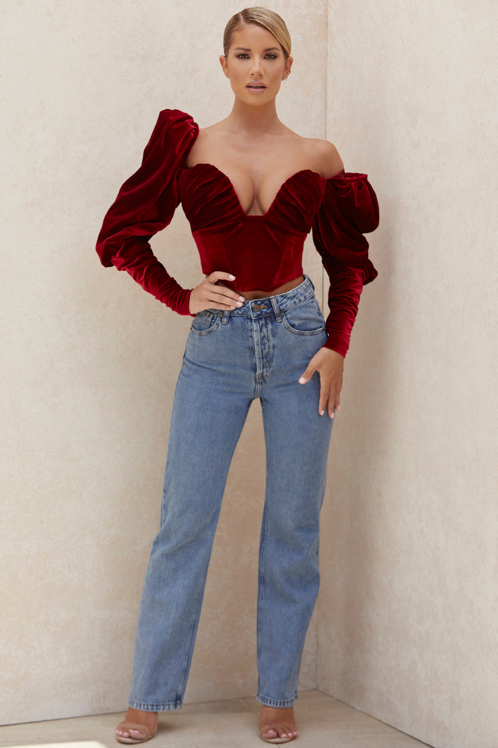 Monica Secrets | Corset Top - Velvet - Sweetheart Neckline - Long Puff Sleeves