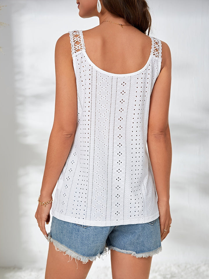 AmyVictoria | Ladies Top – Broderie Anglaise – Sleeveless – Button Details – Regular Fit – Scoop Neck