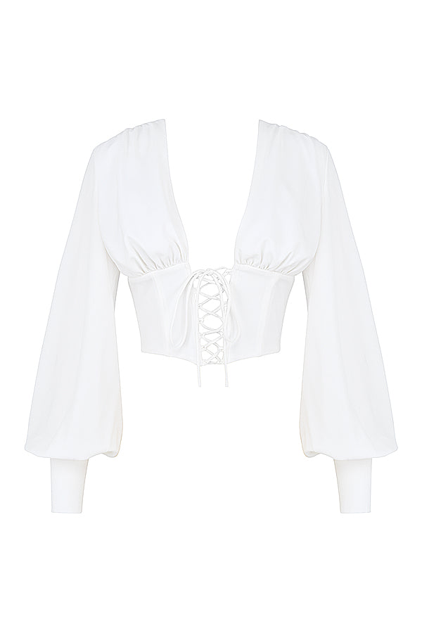 AmyVictoria | Cropped Top – Deep V-Neck – Lace-Up Closure – Long Sleeves – Elegant Fit