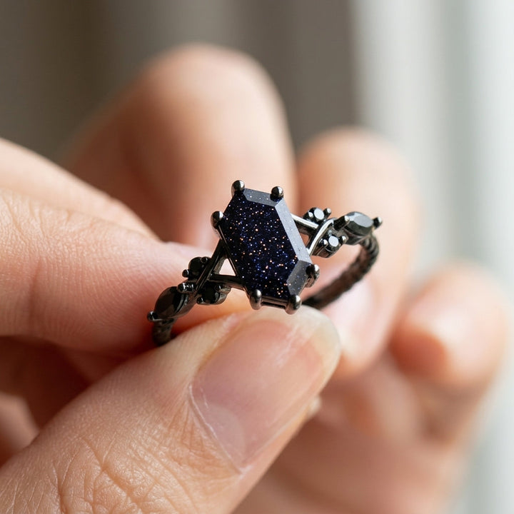Elegant Hexagonal Cut Black Ring