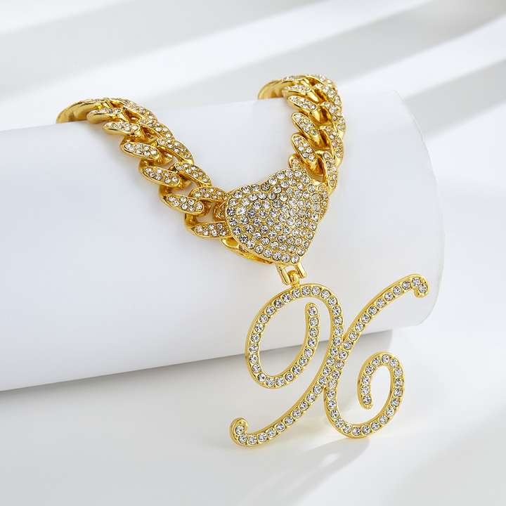 Cursive Diamond Accented Initial Cuban Heart Necklace