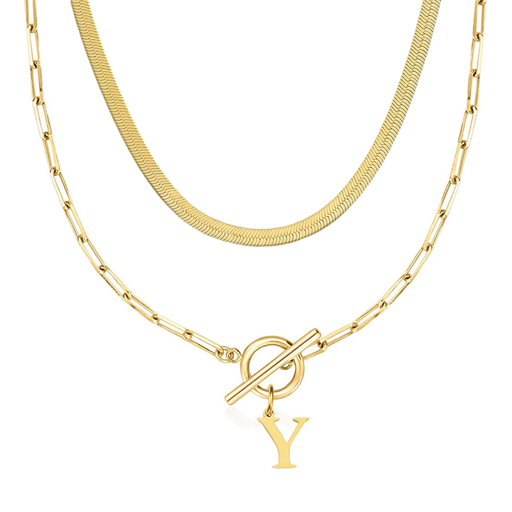 2pc Paperclip Initial Toggle Clasp & Herringbone Necklace Set