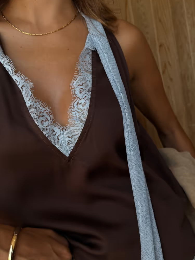 Monica Secrets | Brown And Blue Lace Panel Top