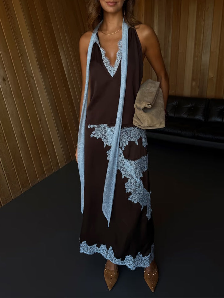 Monica Secrets | Brown And Blue Lace Panel Top