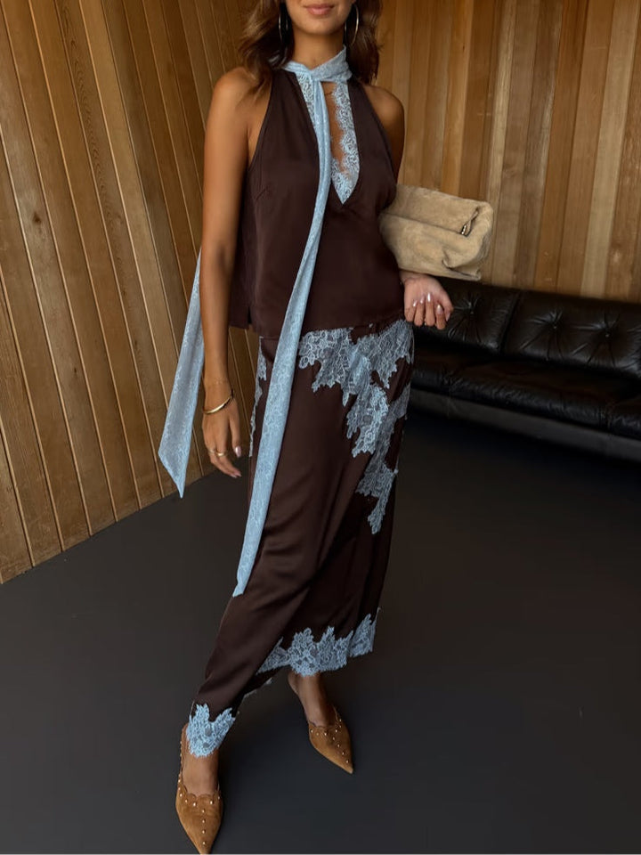 Monica Secrets | Brown And Blue Lace Panel Top