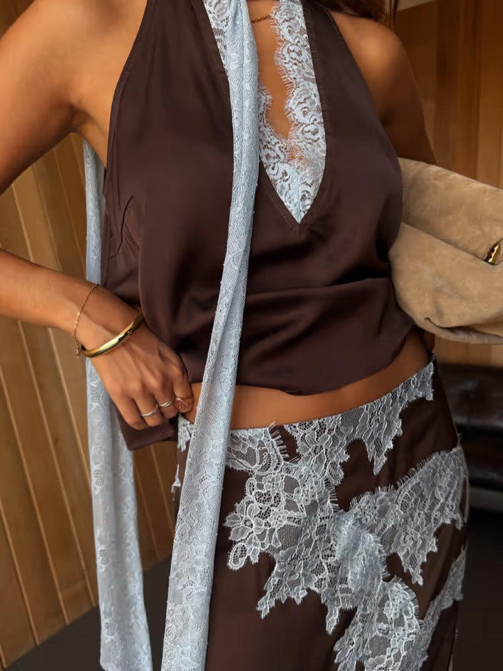 Monica Secrets | Brown And Blue Lace Panel Top