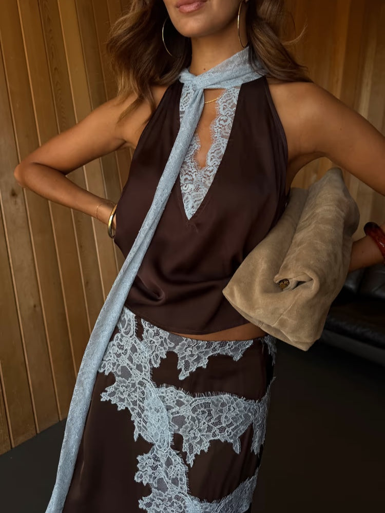 Monica Secrets | Brown And Blue Lace Panel Top