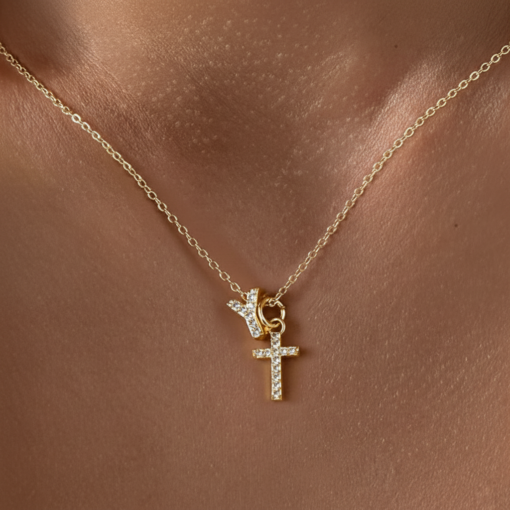 Dainty Diamond Initial & Cross Necklace
