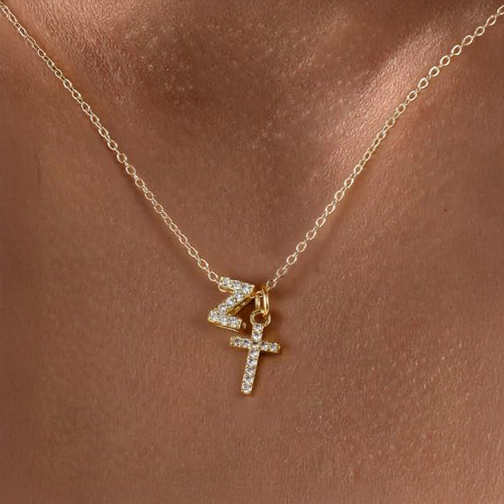 Dainty Diamond Initial & Cross Necklace