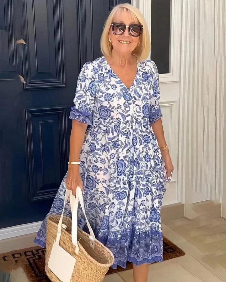 Monica Secrets | Elegant V-Neck Boho Floral Long Dress