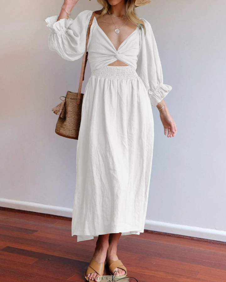 Monica Secrets | Elegant Reversible Puff Sleeve Maxi Dress