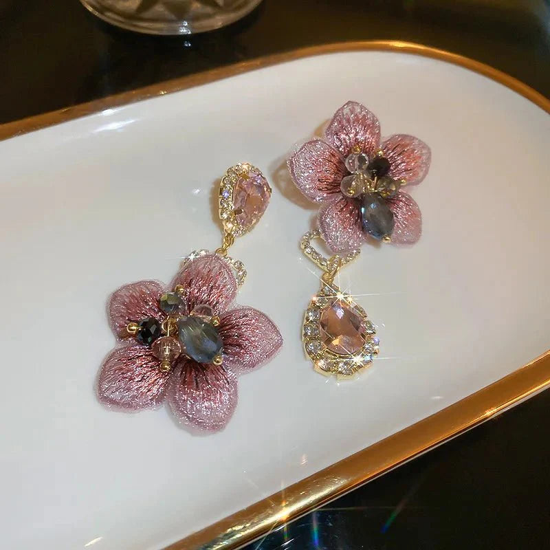 Asymmetrical Oriental Hibiscus Crystal Earrings