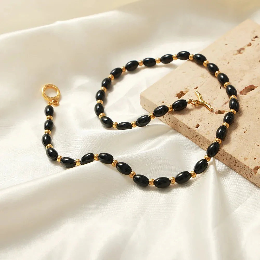 Boho Beaded Black and Gold Circle Clasp Necklace
