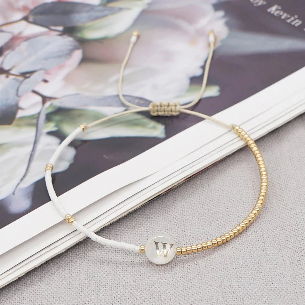 Boho White & Gold Beaded Letter Initial Beaded Bracelets