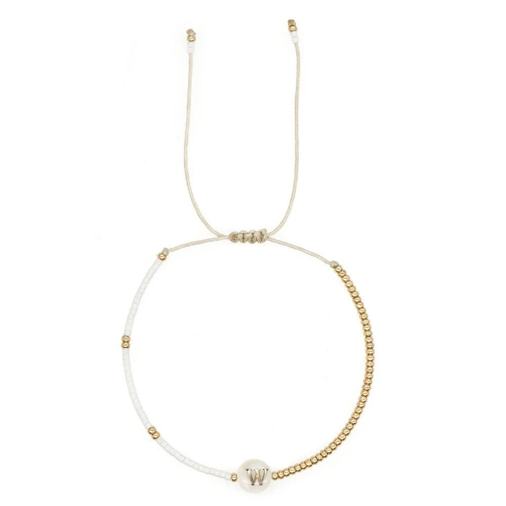 Boho White & Gold Beaded Letter Initial Beaded Bracelets