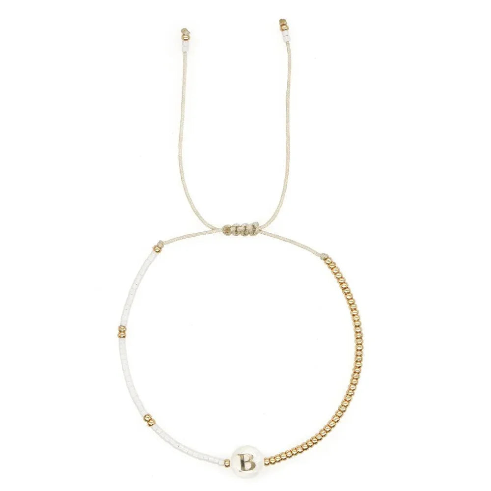 Boho White & Gold Beaded Letter Initial Beaded Bracelets