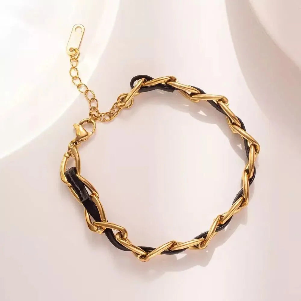 Braided Gold and Black Chain Leather Bracelet