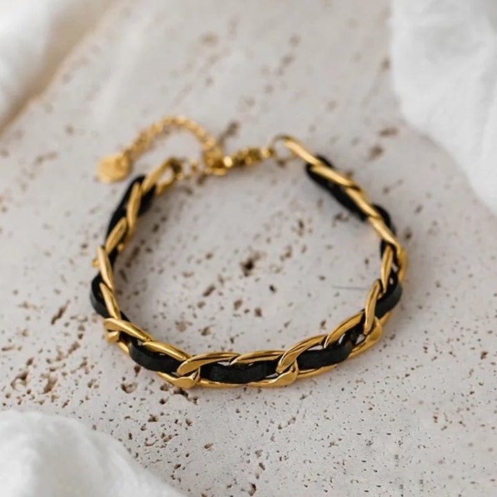 Braided Gold and Black Chain Leather Bracelet