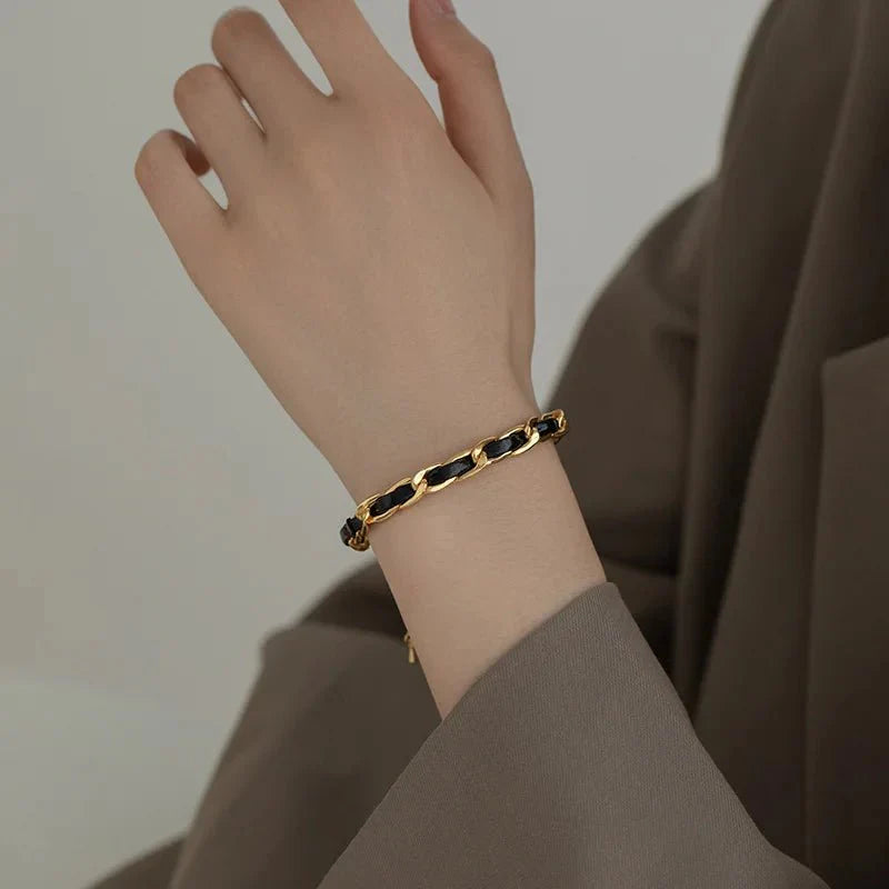 Braided Gold and Black Chain Leather Bracelet