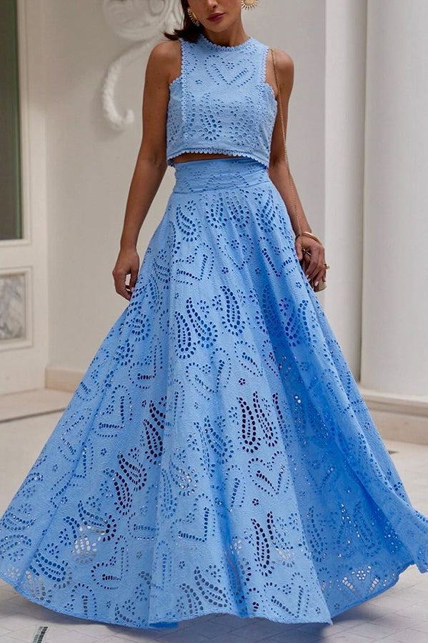 Monica Secrets | Embroidered Top & High-Waist Maxi Skirt Set