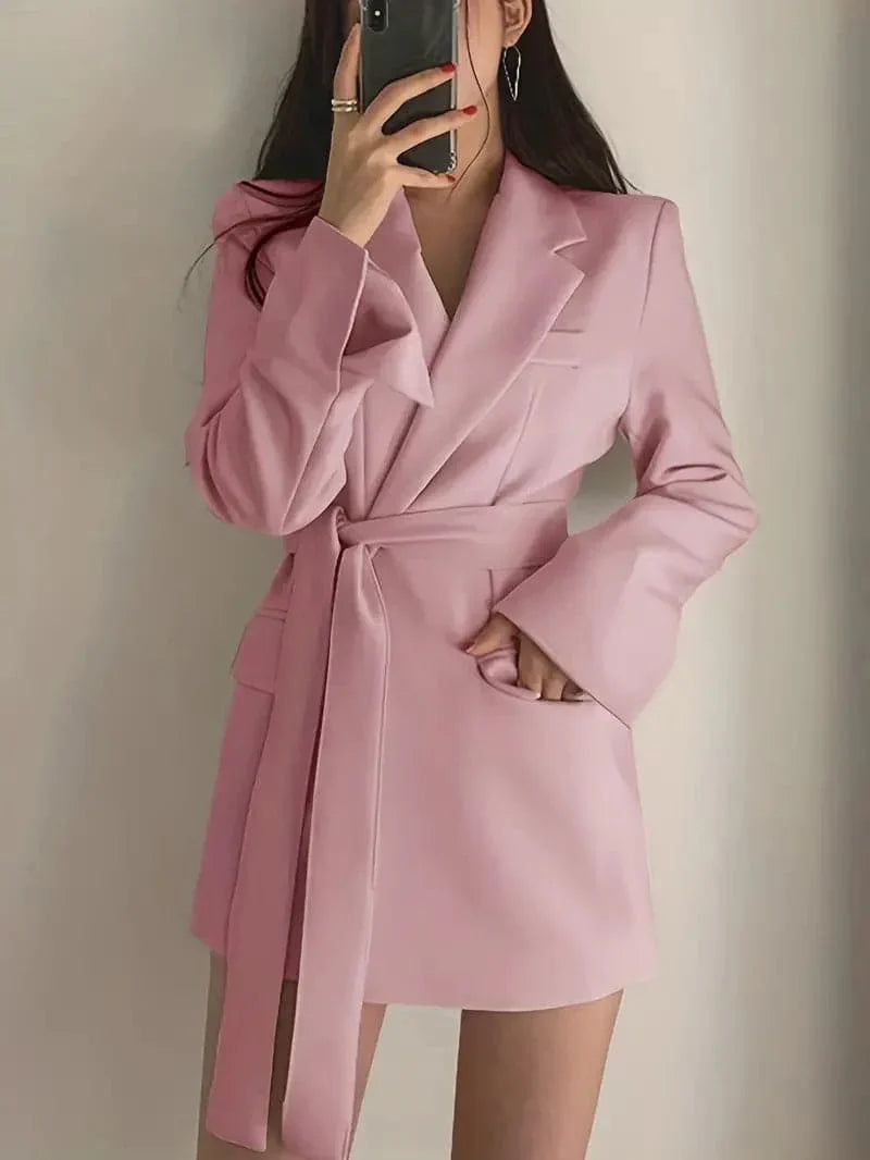 Monica Secrets | Women's Blazer Dress - Tailored Fit - Belted Waist - Single Button - Flap Pockets