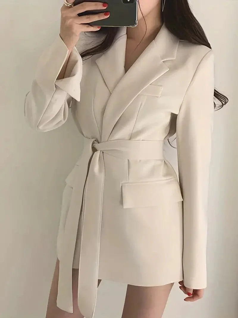 Monica Secrets | Women's Blazer Dress - Tailored Fit - Belted Waist - Single Button - Flap Pockets