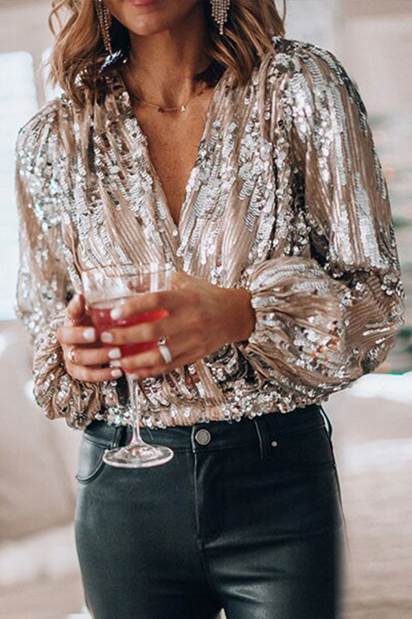 Monica Secrets | Blouse - Sequins - V-Neck - Long Puff Sleeves - Relaxed Fit