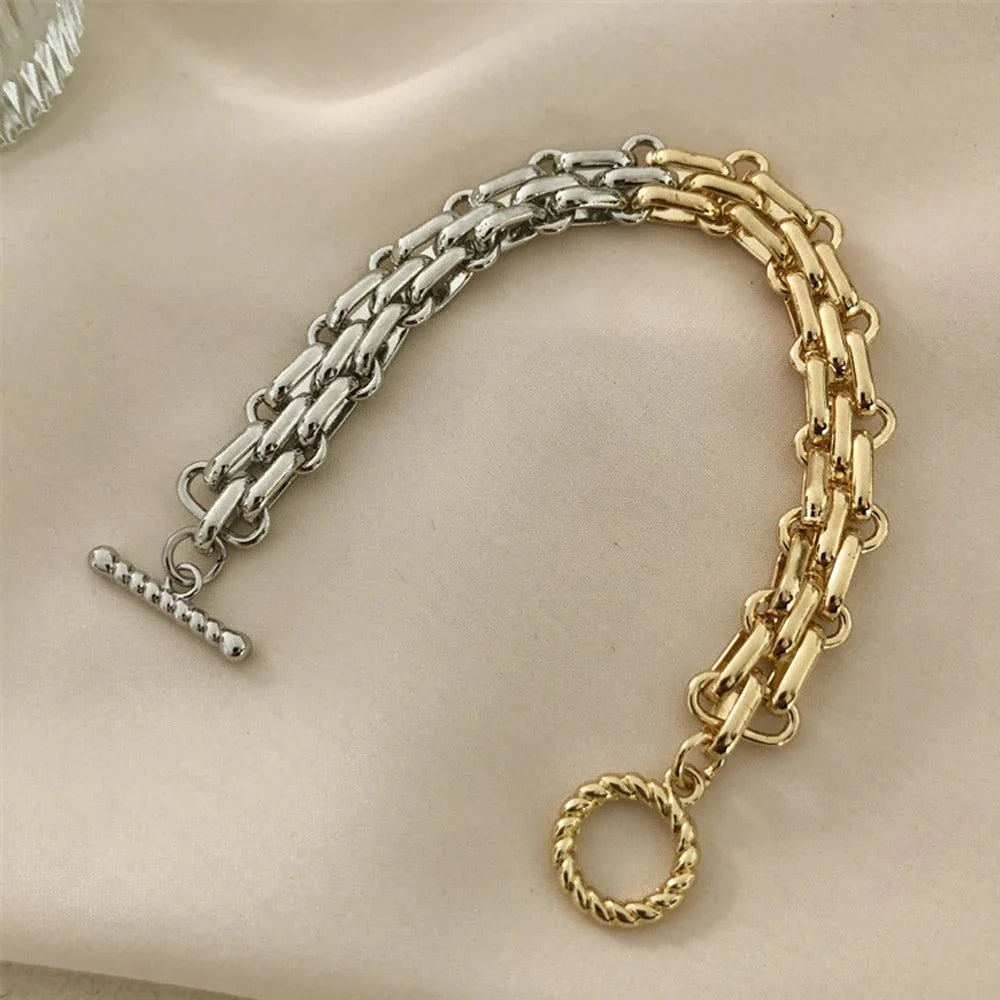 Chunky Two Tone Textured Circle Clasp Bracelet