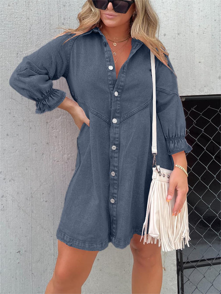 Monica Secrets | Chic Turn-Down Collar Denim Midi Dress
