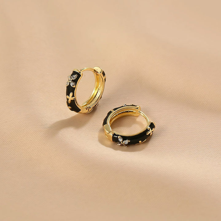 Dainty Black and Gold Floral Hoop Earrings