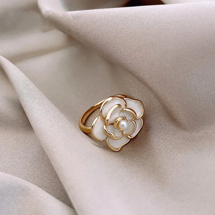 Dainty Blanc Camellia Floral Necklace, Earrings, Ring Jewelry
