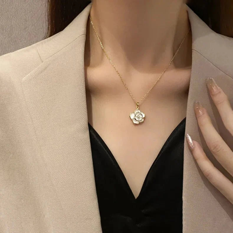 Dainty Blanc Camellia Floral Necklace, Earrings, Ring Jewelry