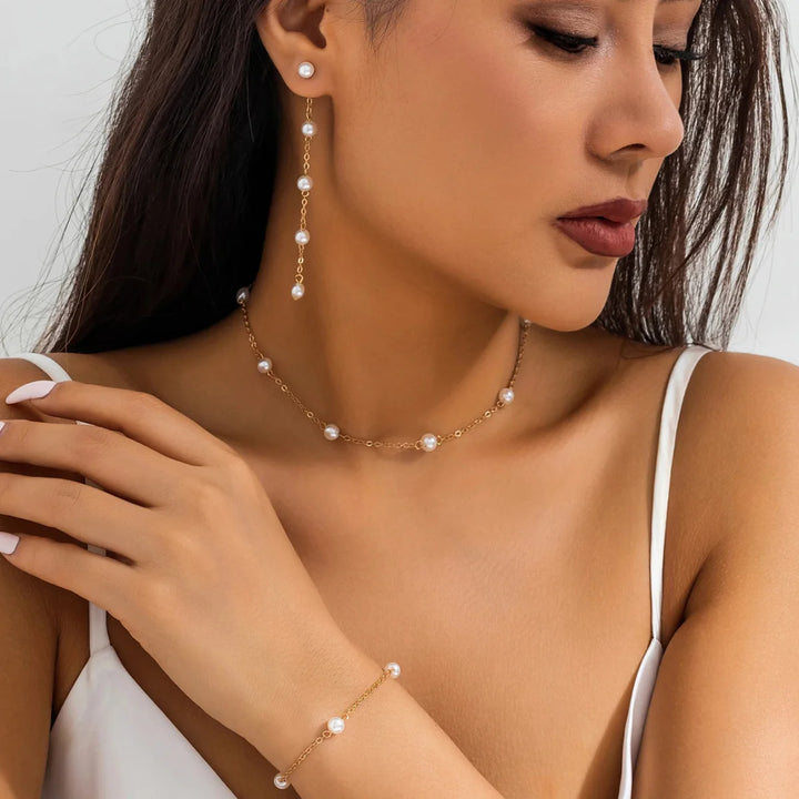 Dainty Chain Pearl Bracelet, Necklace, and Earring Set