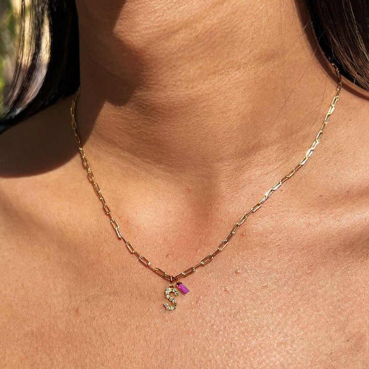 Dainty Diamond Letter Initial & Birthstone Paperclip Chain Necklace