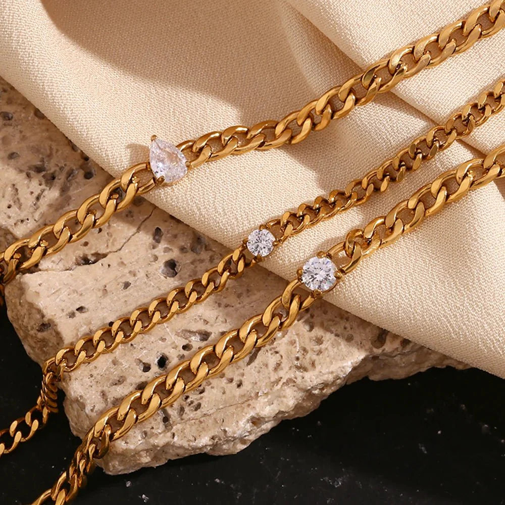 Dainty Diamond Set Gold Cuban Bracelets