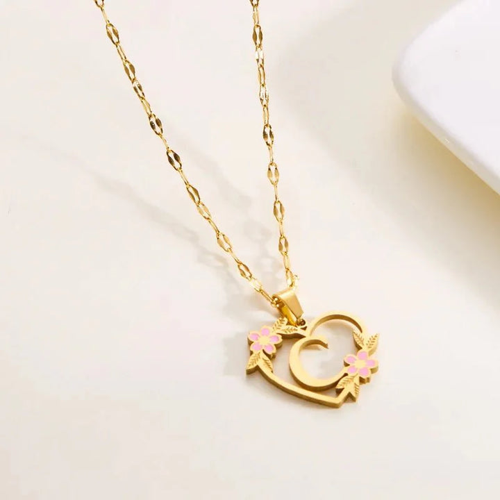 Dainty Floral Accented Heart Letter Initial Necklace