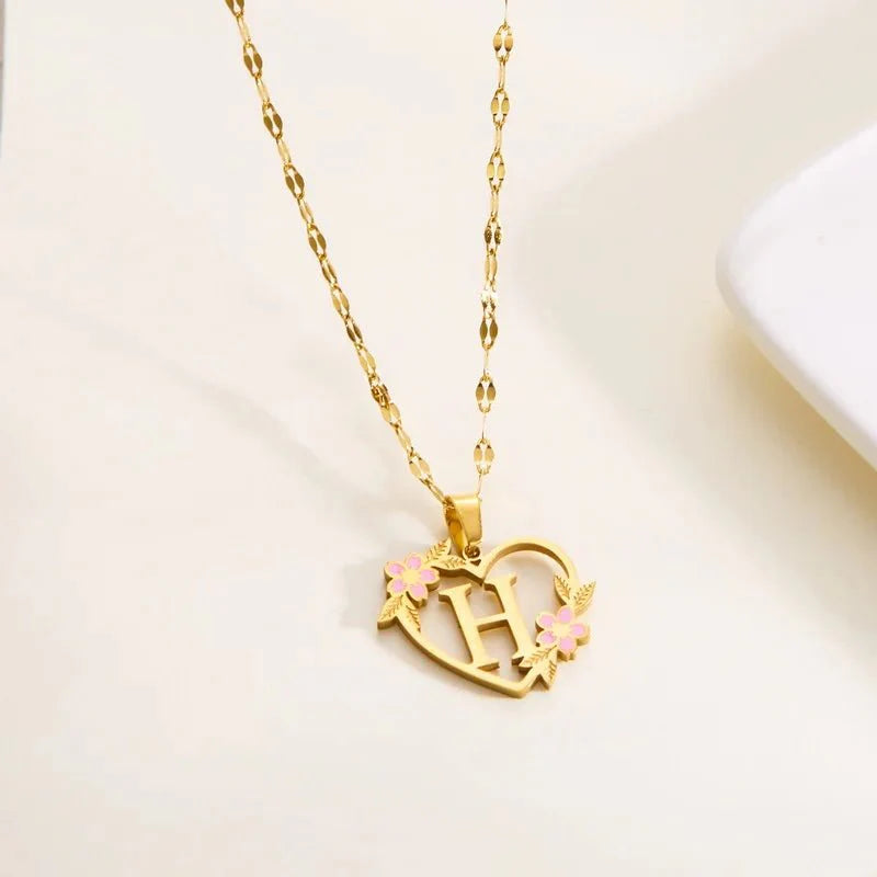 Dainty Floral Accented Heart Letter Initial Necklace