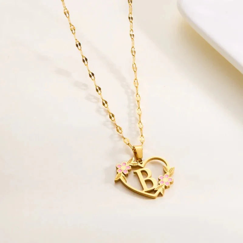 Dainty Floral Accented Heart Letter Initial Necklace