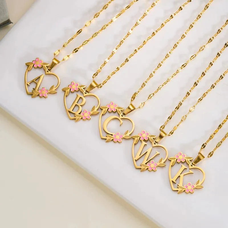 Dainty Floral Accented Heart Letter Initial Necklace