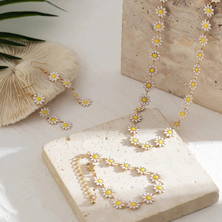 Dainty Floral Daisy Choker Necklace, Bracelet, and Earrings Set