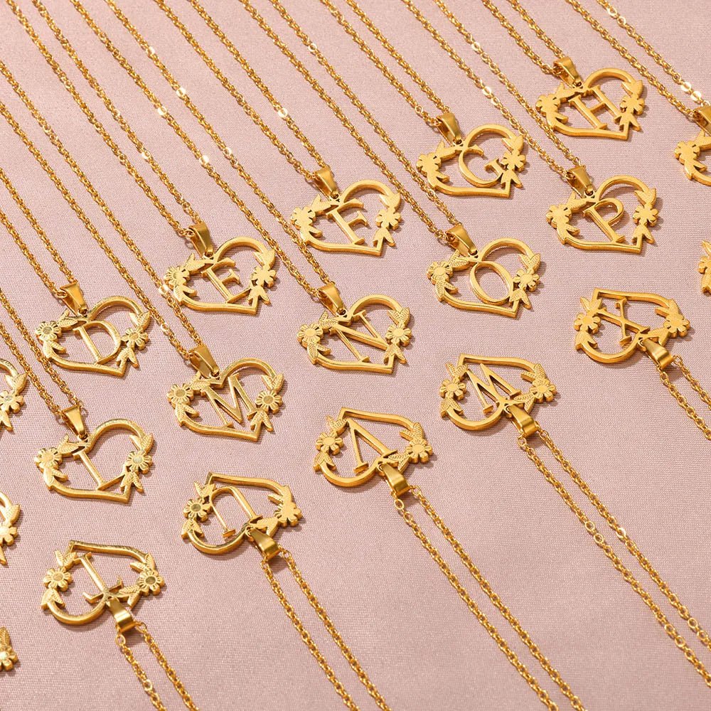Dainty Floral Heart Letter Initial Necklace