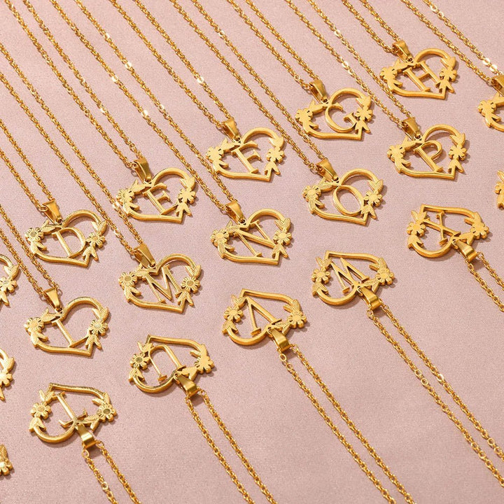Dainty Floral Heart Letter Initial Necklace