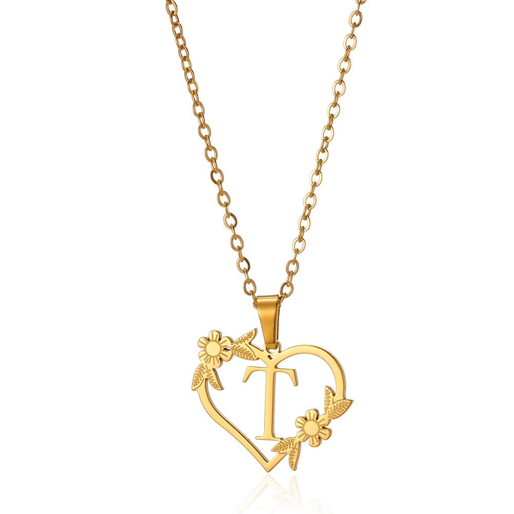 Dainty Floral Heart Letter Initial Necklace