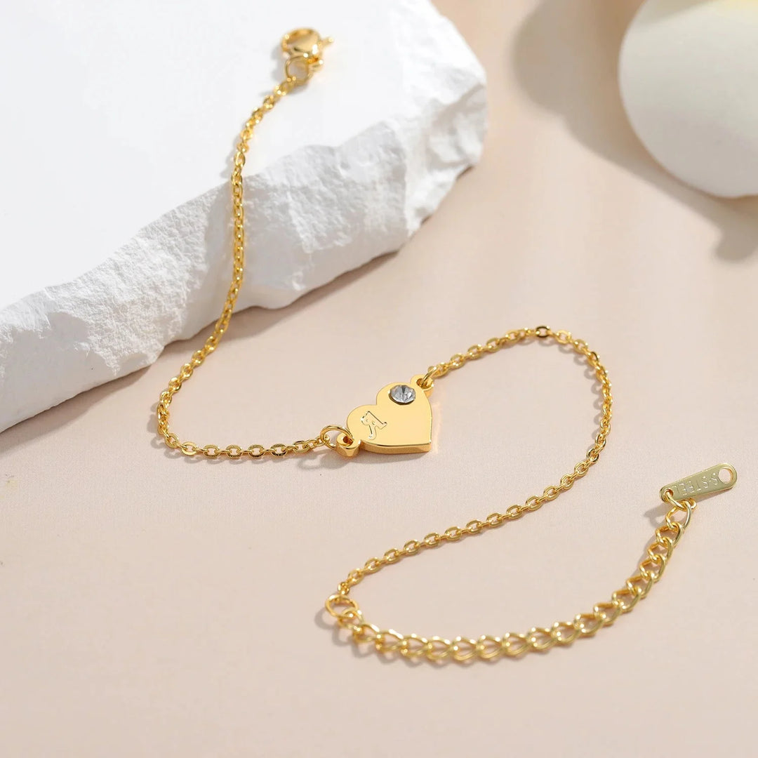 Dainty Heart Birthstone Letter Initial Bracelet