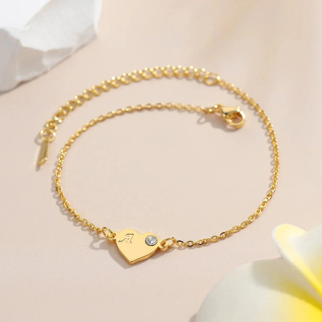 Dainty Heart Birthstone Letter Initial Bracelet
