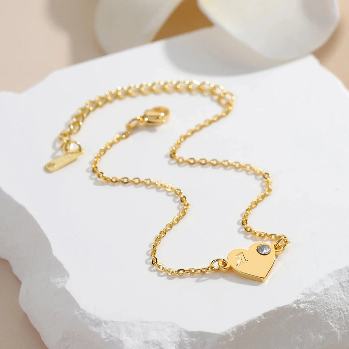 Dainty Heart Birthstone Letter Initial Bracelet