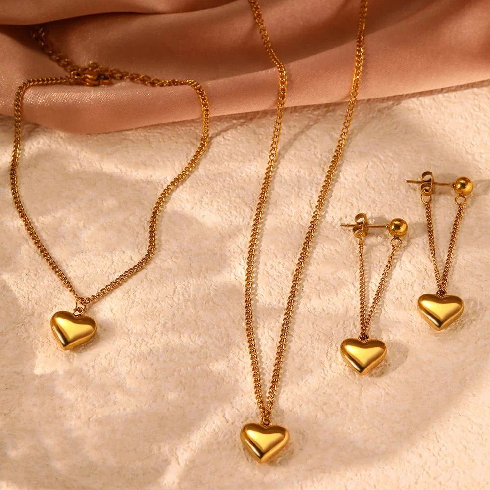 Dainty Heart Chain Necklace, Bracelet, and Earring Set