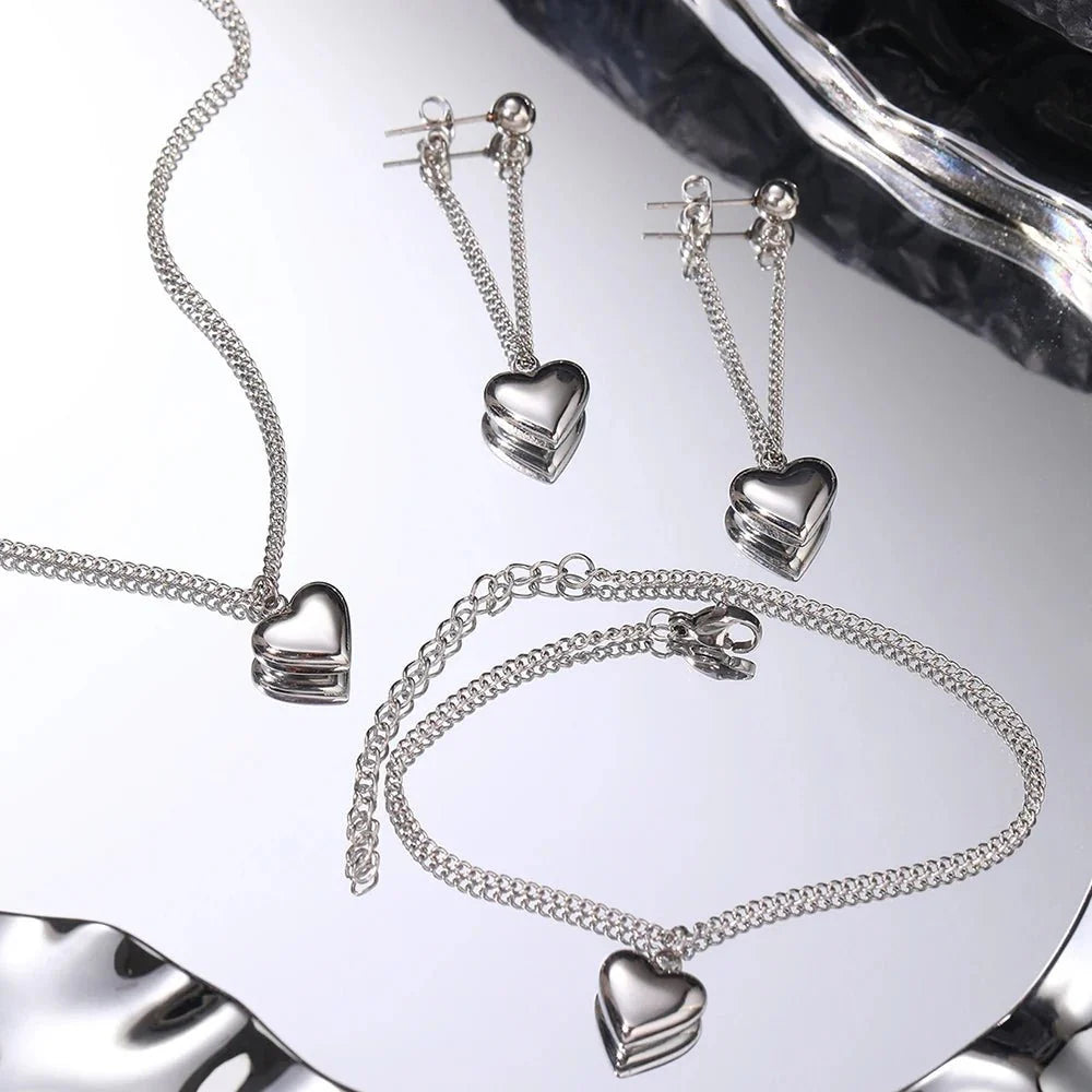 Dainty Heart Chain Necklace, Bracelet, and Earring Set