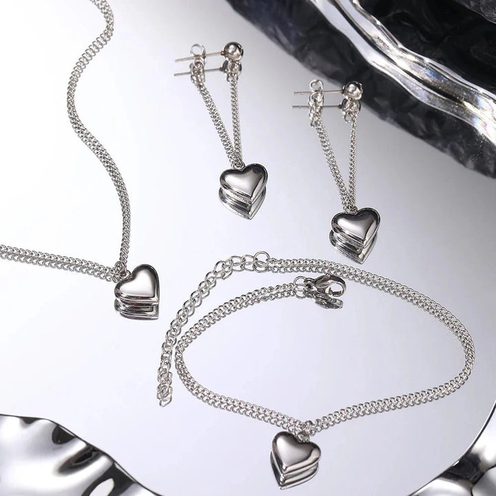 Dainty Heart Chain Necklace, Bracelet, and Earring Set