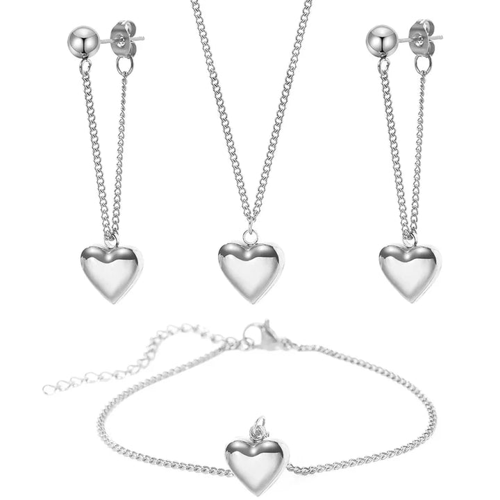 Dainty Heart Chain Necklace, Bracelet, and Earring Set